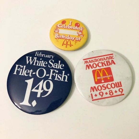 Vintage Lot of 3 McDonalds Button Pin Birthday Filet O Fish Moscow Pinback - Picture 1 of 8